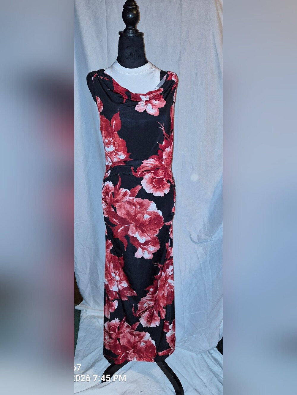 VENUS Black Maxi Dress with Red Floral Print Large
